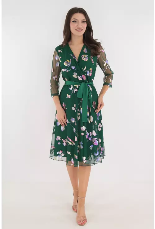 Rochie eleganta clos din mesh verde cu print stralucitor