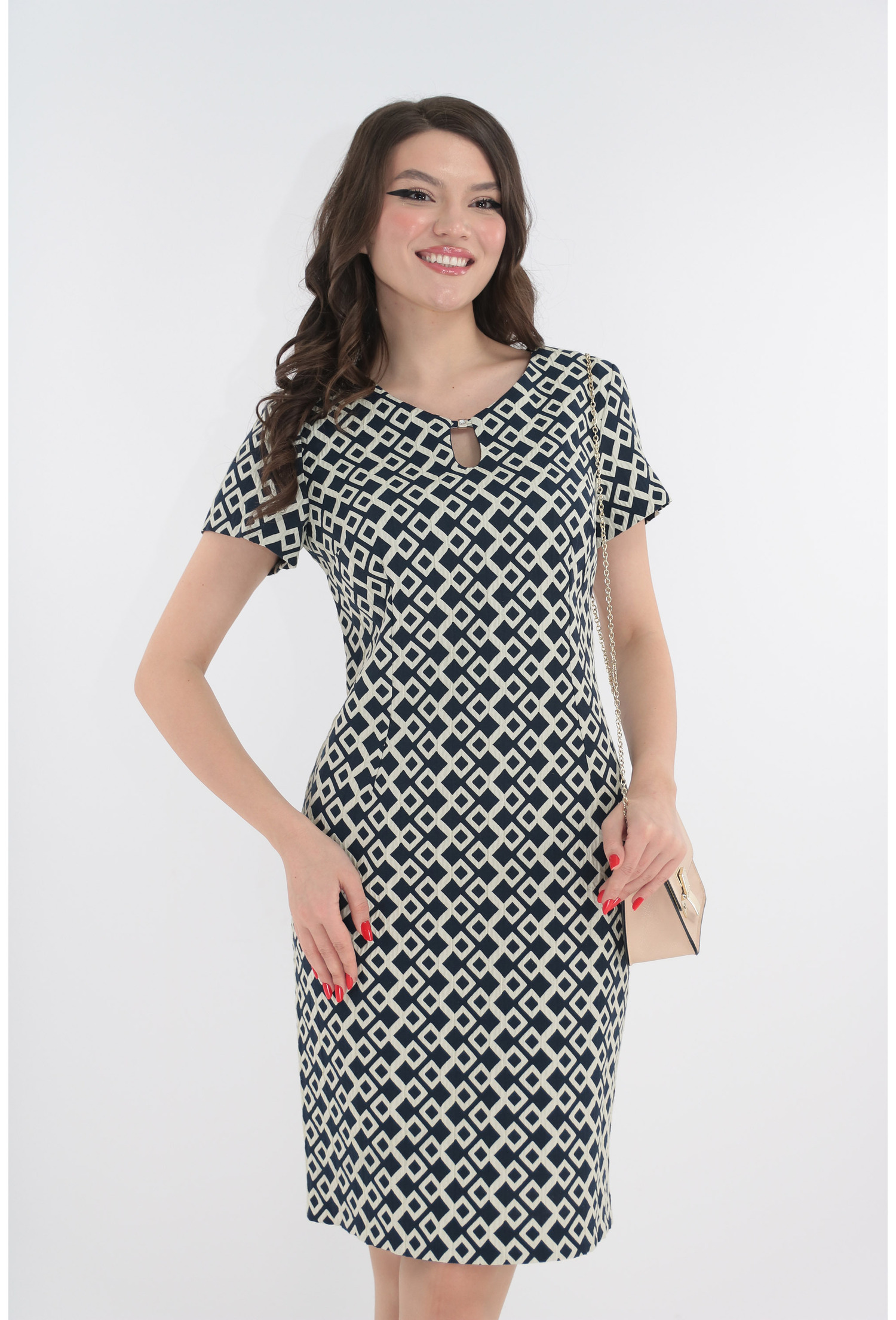Rochie eleganta din brocart cu romburi bleumarin-ivory