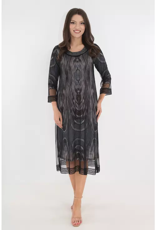 Rochie eleganta din lurex lila cu print abstract si mesh negru