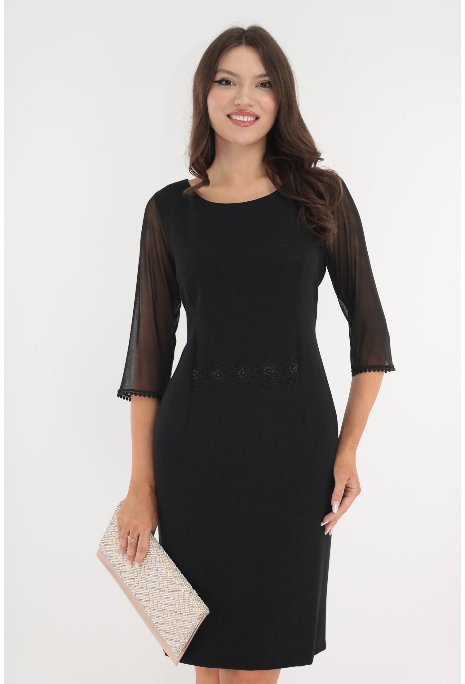 Rochie eleganta din stofa neagra cu glitter discret si broderie