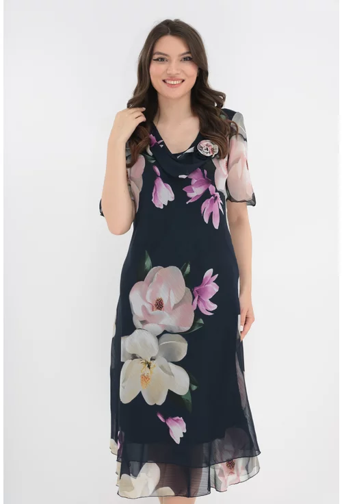 Rochie eleganta din voal bleumarin cu flori maxi crem