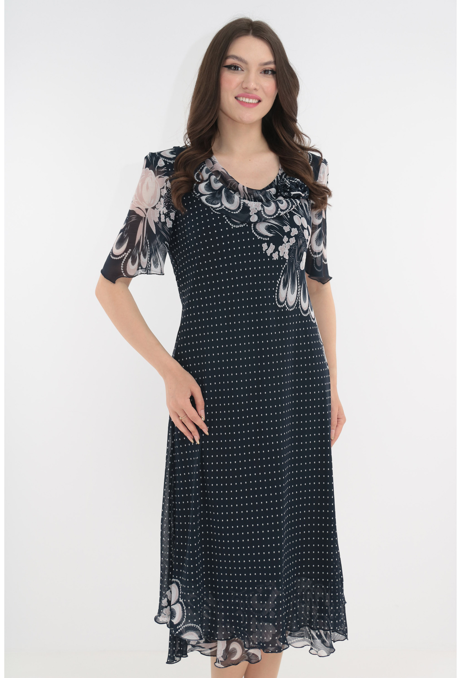 Rochie eleganta din voal bleumarin cu flori si buline imprimate