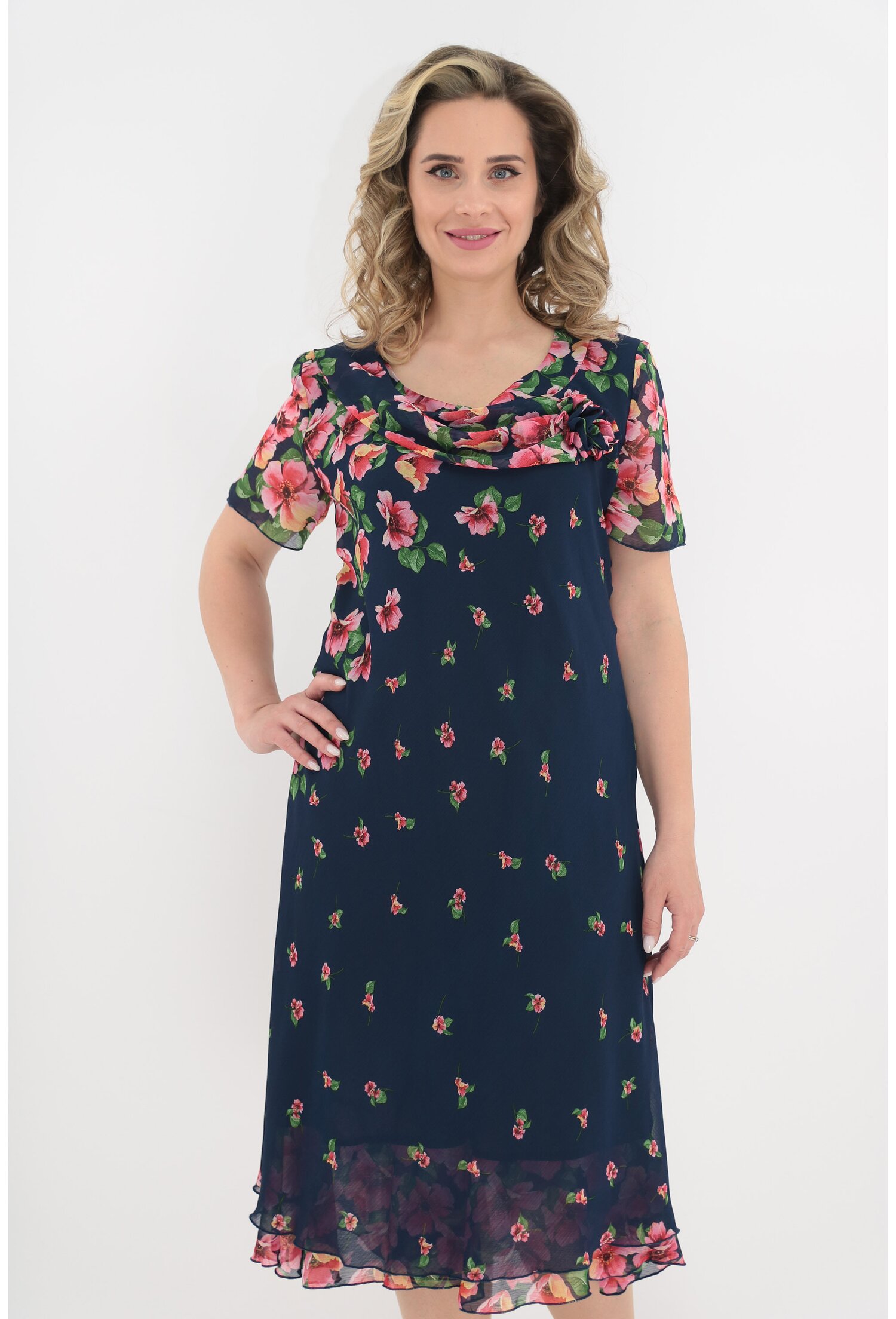 Rochie eleganta din voal bleumarin cu imprimeu floral roz