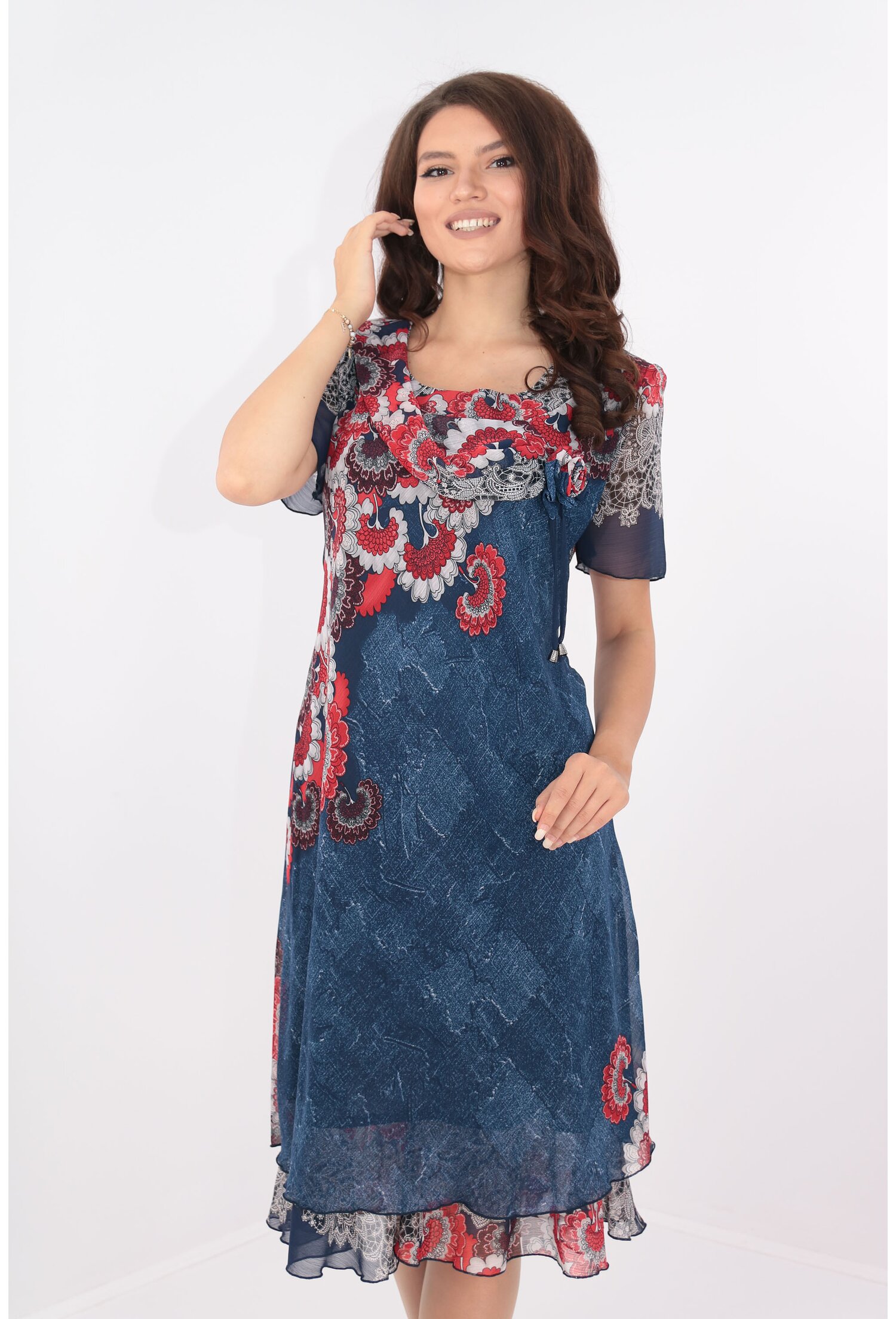 Rochie eleganta din voal bleumarin cu print floral rosu