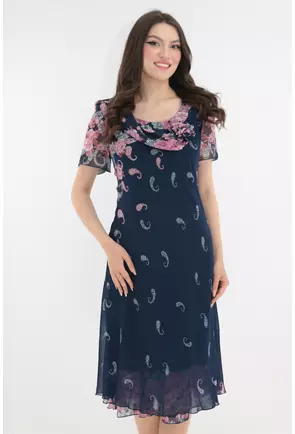 Rochie eleganta din voal bleumarin cu trandafiri roz