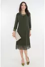Rochie eleganta din voal olive cu insertii din satin si perle albe la decolteu