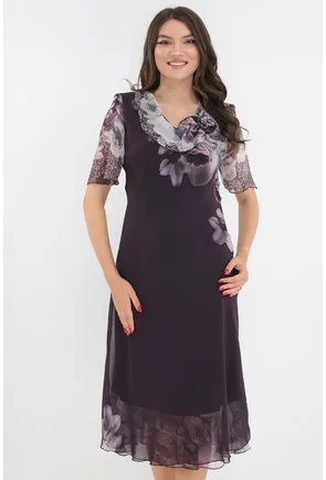 Rochie eleganta din voal violet cu flori gri