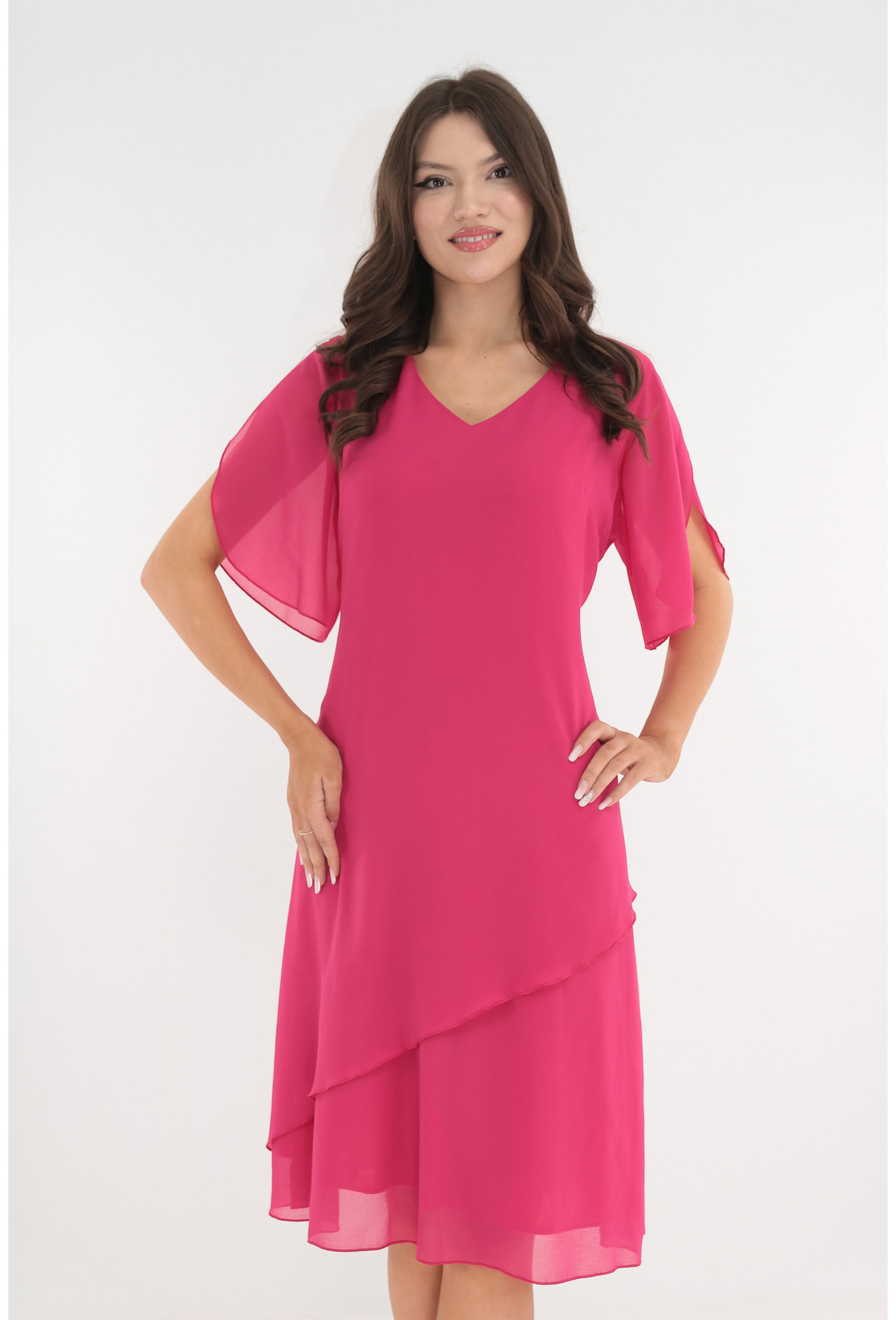 Rochie eleganta fucsia cu voaluri asimetrice suprapuse