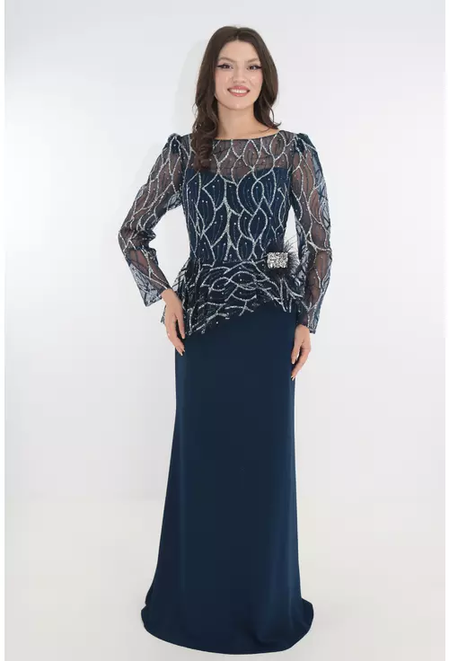 Rochie eleganta lunga bleumarin cu dantela argintie