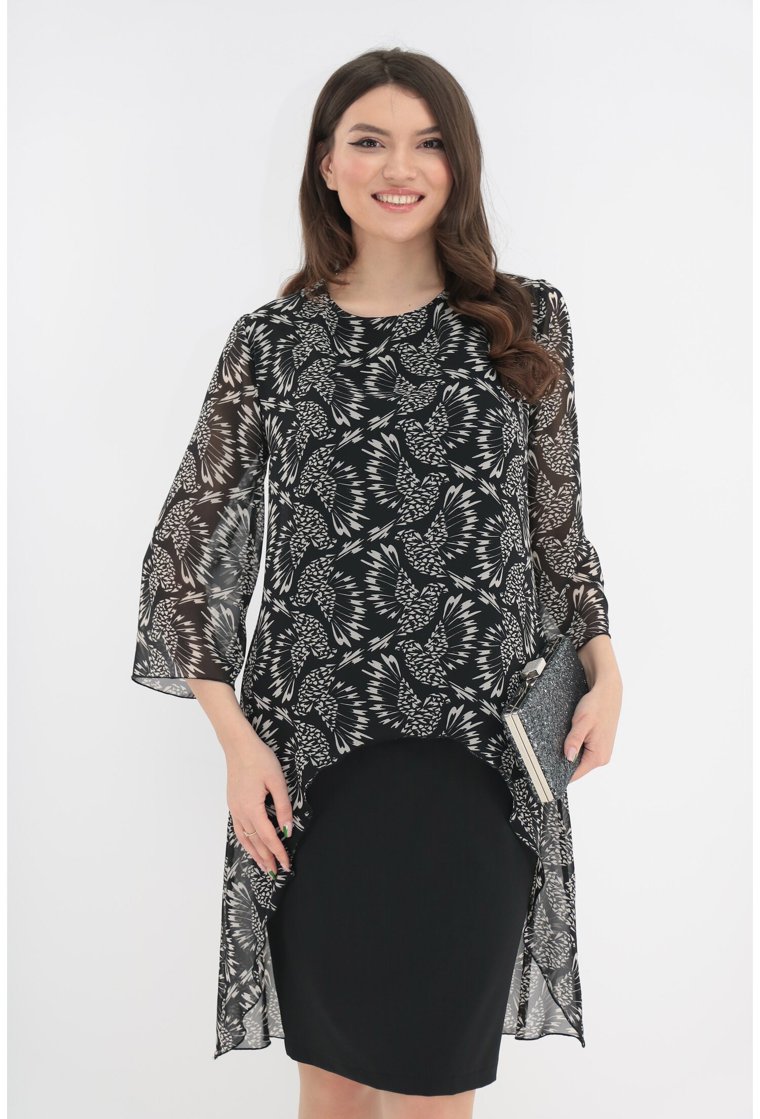 Rochie eleganta neagra cu imprimeu abstract si aspect suprapus