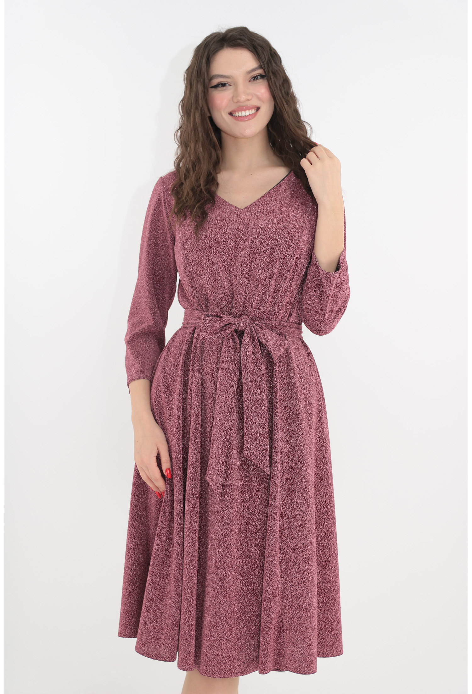 Rochie eleganta roz-prafuit din lurex cu fir stralucitor