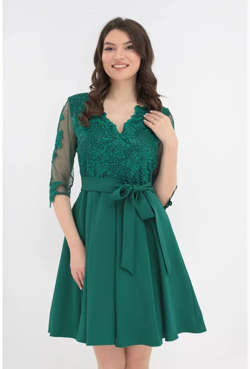 Rochie eleganta verde-smarald cu broderie si maneci din tull