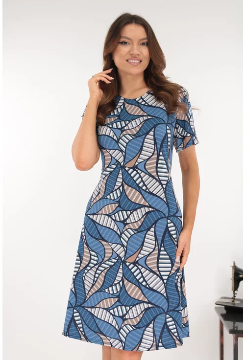 Rochie evazata albastra cu print abstract alb-bej