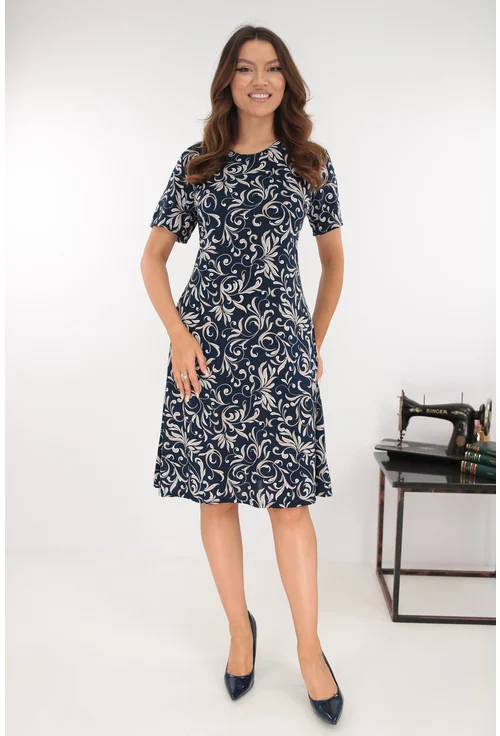 Rochie evazata bleumarin cu imprimeu floral gri