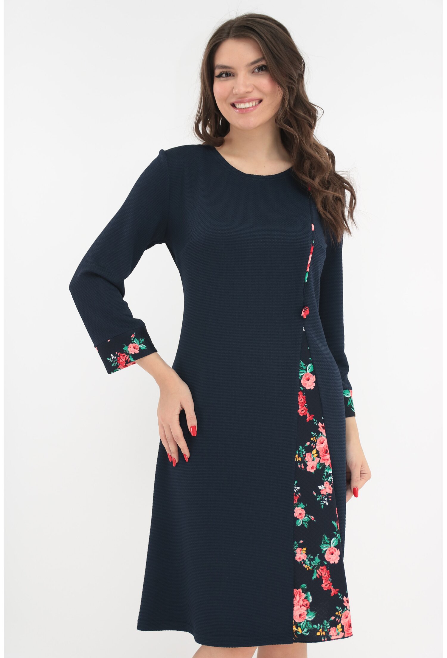 Rochie evazata bleumarin cu insertii florale rosii