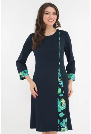 Rochie evazata bleumarin cu insertii florale verzi