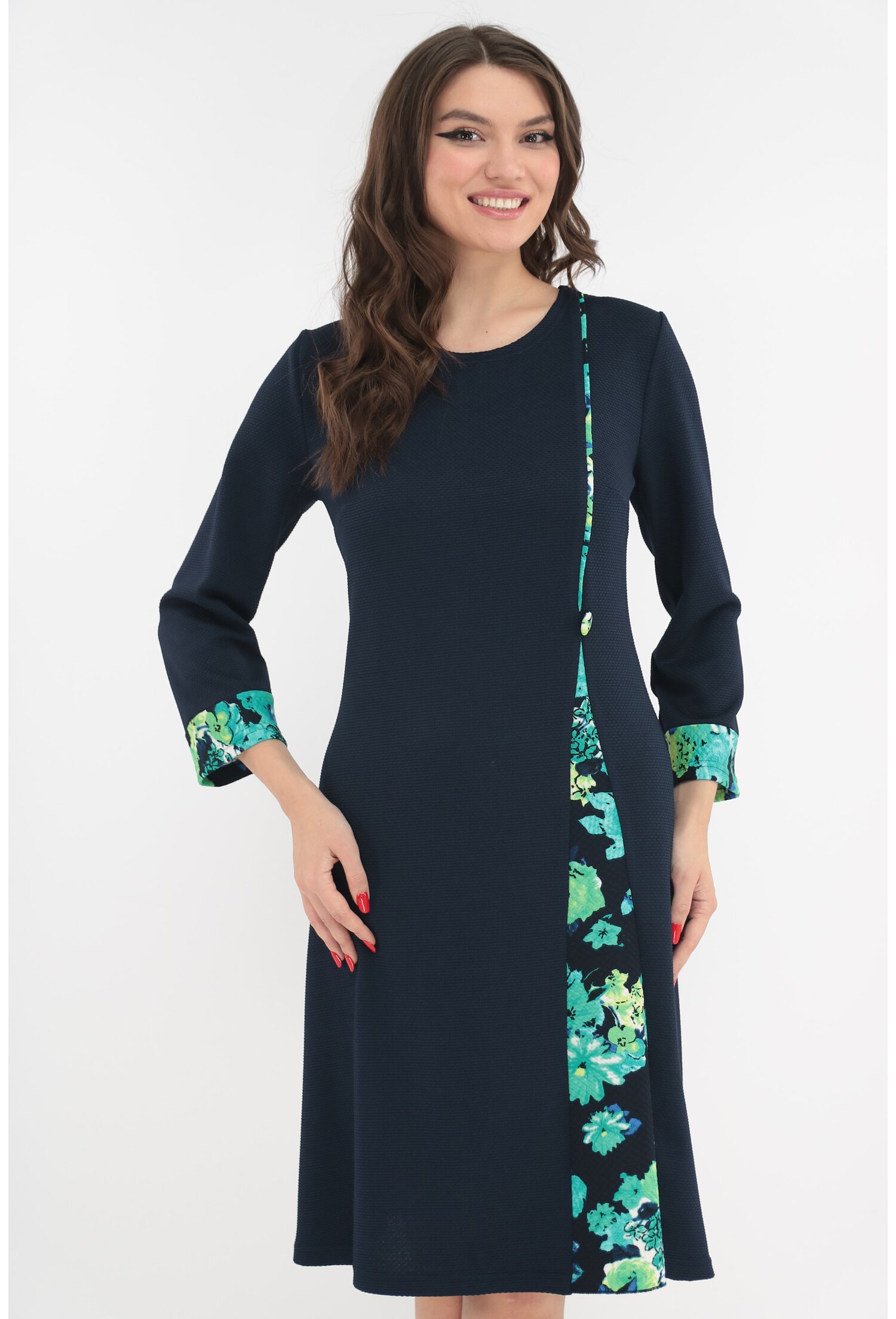 Rochie evazata bleumarin cu insertii florale verzi