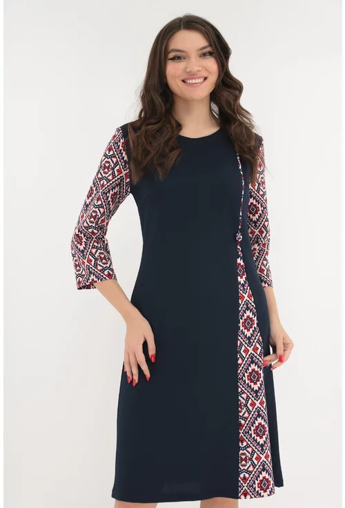 Rochie evazata bleumarin cu maneci multicolore