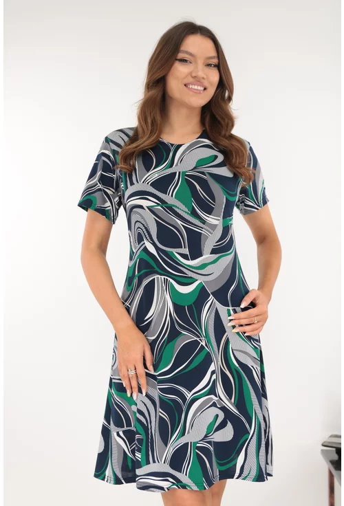 Rochie evazata bleumarin cu print abstract alb-verde