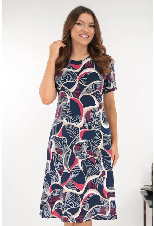 Rochie evazata bleumarin cu print abstract fucsia