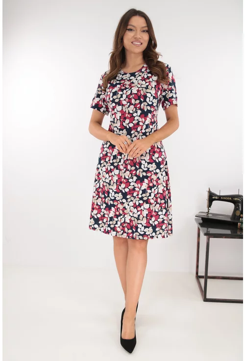 Rochie evazata bleumarin cu print floral rosu-bej