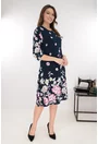 Rochie evazata bleumarin cu print floral roz-gri