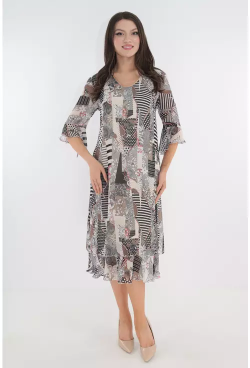 Rochie evazata din voal cu print abstract multicolor