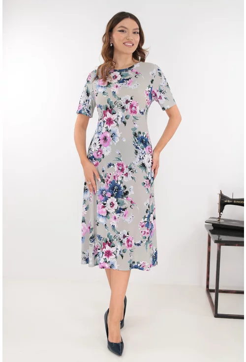 Rochie evazata gri cu flori albastre si roz