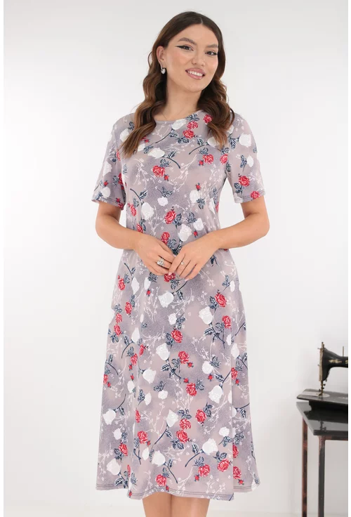 Rochie evazata gri cu print floral alb-rosu