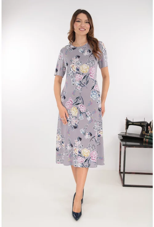 Rochie evazata gri cu print floral maxi