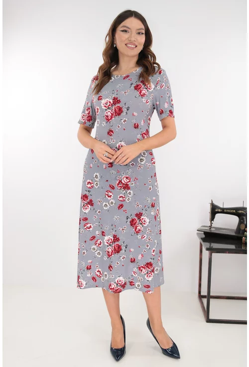 Rochie evazata gri cu print floral rosu