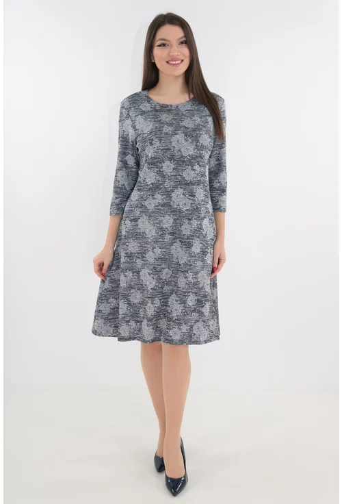 Rochie evazata gri cu trandafiri imprimati