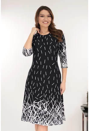 Rochie evazata neagra cu imprimeu geometric in degrade