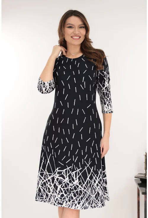 Rochie evazata neagra cu imprimeu geometric in degrade