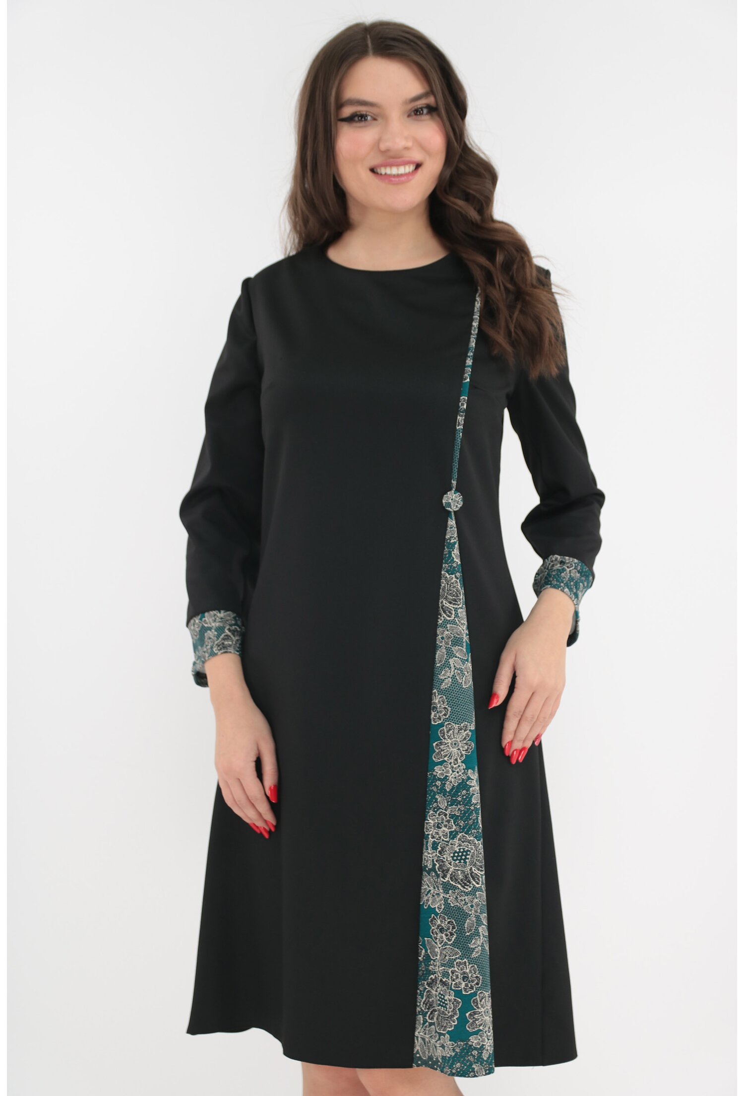 Rochie evazata neagra cu insertii florale verzi