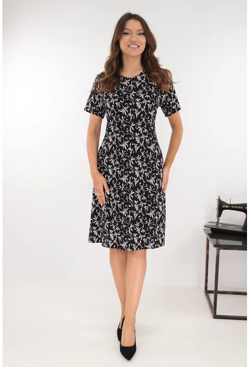 Rochie evazata neagra cu print floral alb