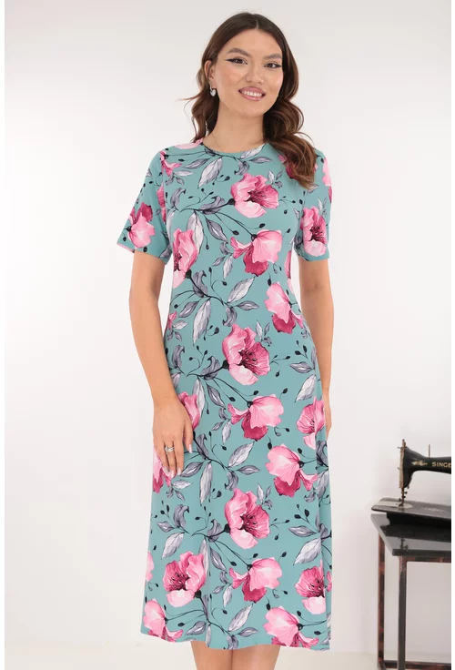 Rochie evazata turcoaz cu flori maxi roz