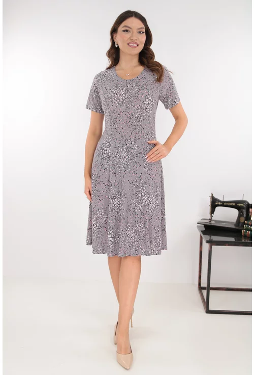 Rochie gri in clini cu flori discrete albe si roz