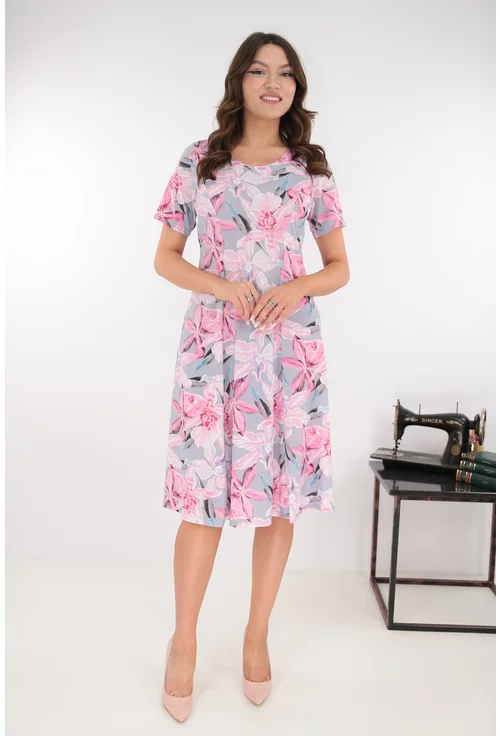 Rochie gri in clini cu flori maxi roz