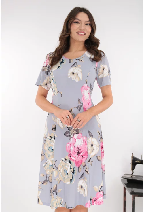 Rochie gri in clini cu flori maxi roz-bej