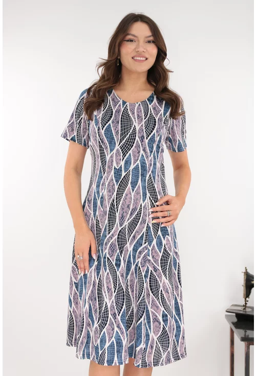 Rochie gri in clini cu print abstract albastru-alb