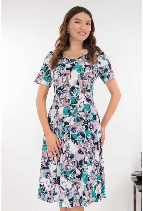 Rochie gri in clini cu print abstract bleumarin-turcoaz