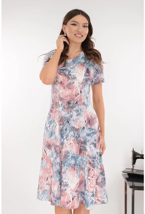 Rochie gri in clini cu print abstract roz-prafuit