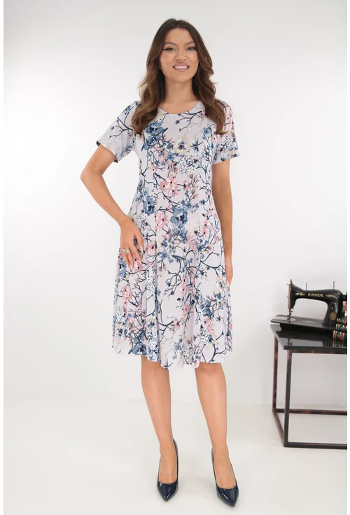 Rochie gri in clini cu print floral albastru-roz