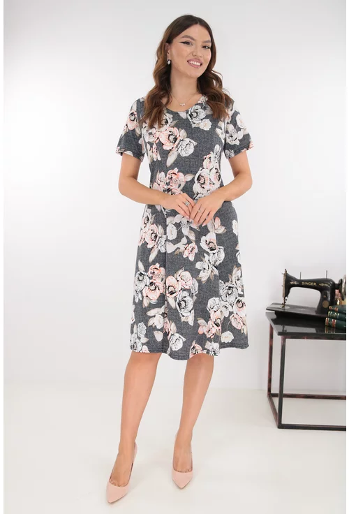 Rochie gri in clini cu print floral bej