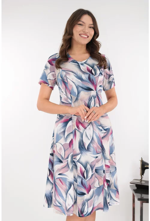 Rochie in clini cu print abstract albastru-ciclamen
