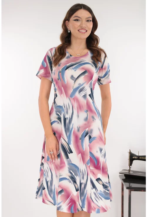 Rochie in clini cu print abstract roz-albastru