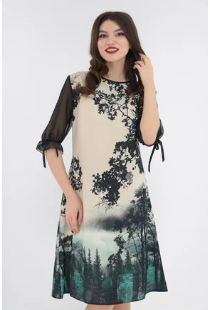 Rochie lejera crem cu print negru abstract
