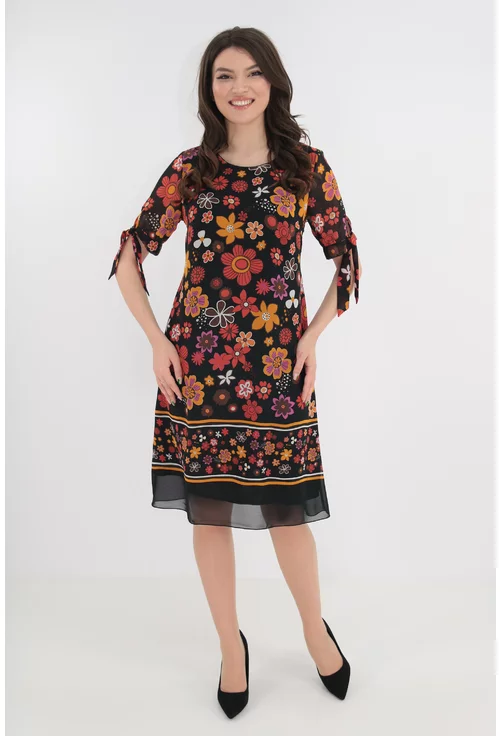 Rochie lejera din voal negru cu imprimeu floral multicolor