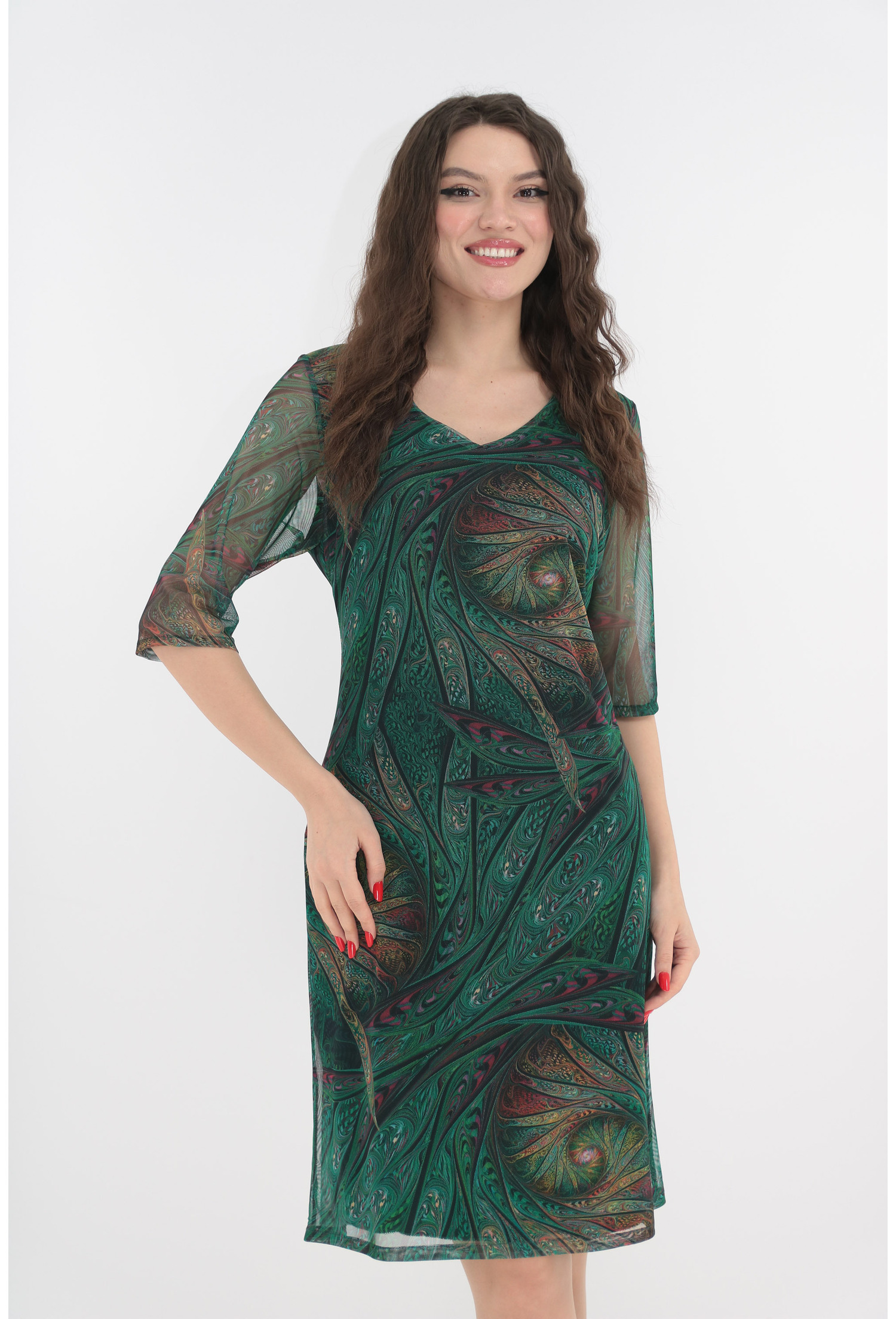 Rochie lejera verde cu print abstract multicolor